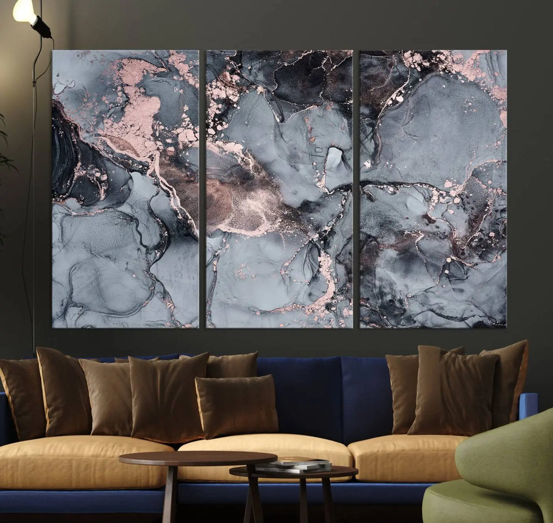 Gray and Rose Gold Marble Fluid Effect Abstract Canvas Wall Art Print crafted on museum-quality polycotton canvas with UV-protective coating, ready to hang.