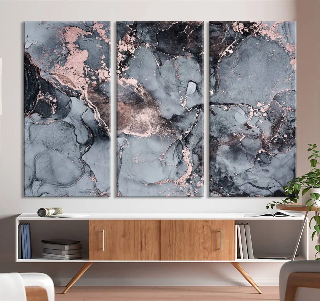 Gray and Rose Gold Marble Fluid Effect Abstract Canvas Wall Art Print crafted on museum-quality polycotton canvas with UV-protective coating, ready to hang.