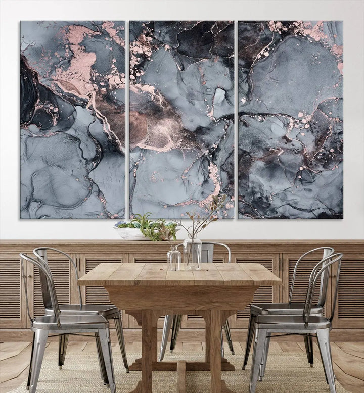 Gray and Rose Gold Marble Fluid Effect Abstract Canvas Wall Art Print crafted on museum-quality polycotton canvas with UV-protective coating, ready to hang.