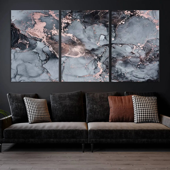 Gray and Rose Gold Marble Fluid Effect Abstract Canvas Wall Art Print crafted on museum-quality polycotton canvas with UV-protective coating, ready to hang.