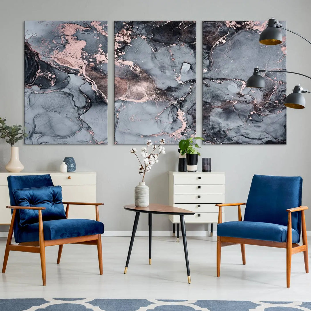 Gray and Rose Gold Marble Fluid Effect Abstract Canvas Wall Art Print crafted on museum-quality polycotton canvas with UV-protective coating, ready to hang.