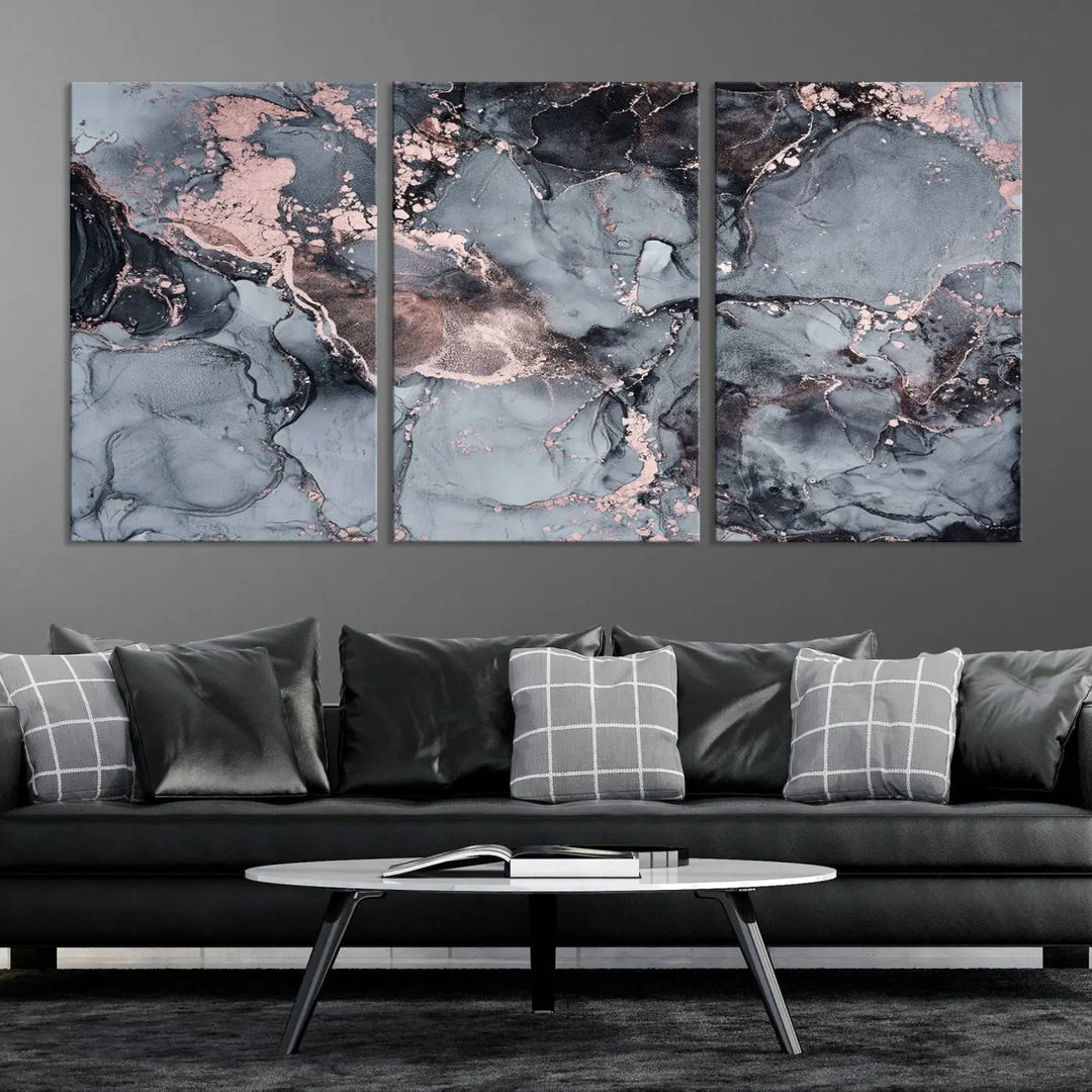 Gray and Rose Gold Marble Fluid Effect Abstract Canvas Wall Art Print crafted on museum-quality polycotton canvas with UV-protective coating, ready to hang.