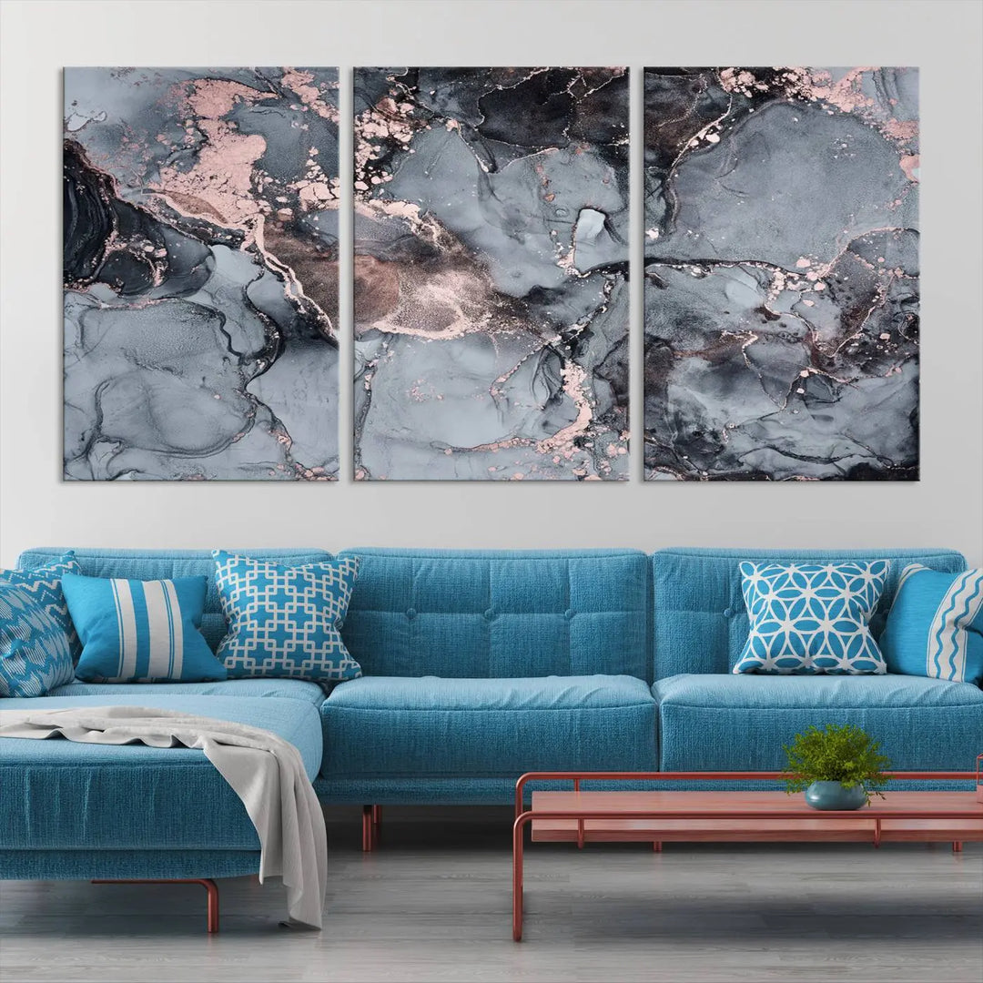 Gray and Rose Gold Marble Fluid Effect Abstract Canvas Wall Art Print crafted on museum-quality polycotton canvas with UV-protective coating, ready to hang.