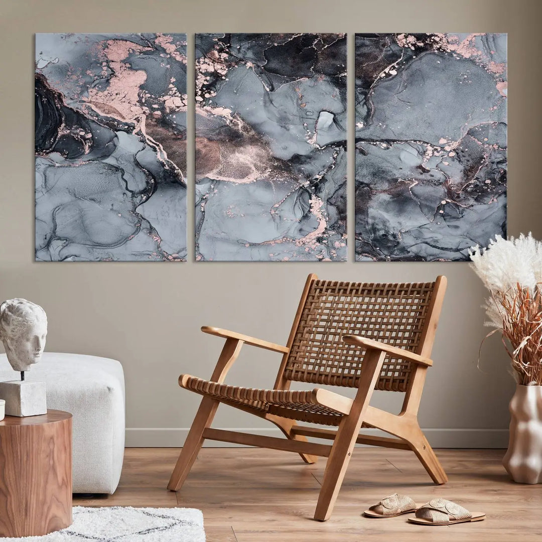 Gray and Rose Gold Marble Fluid Effect Abstract Canvas Wall Art Print crafted on museum-quality polycotton canvas with UV-protective coating, ready to hang.