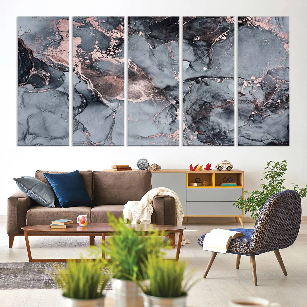 Gray and Rose Gold Marble Fluid Effect Abstract Canvas Wall Art Print crafted on museum-quality polycotton canvas with UV-protective coating, ready to hang.