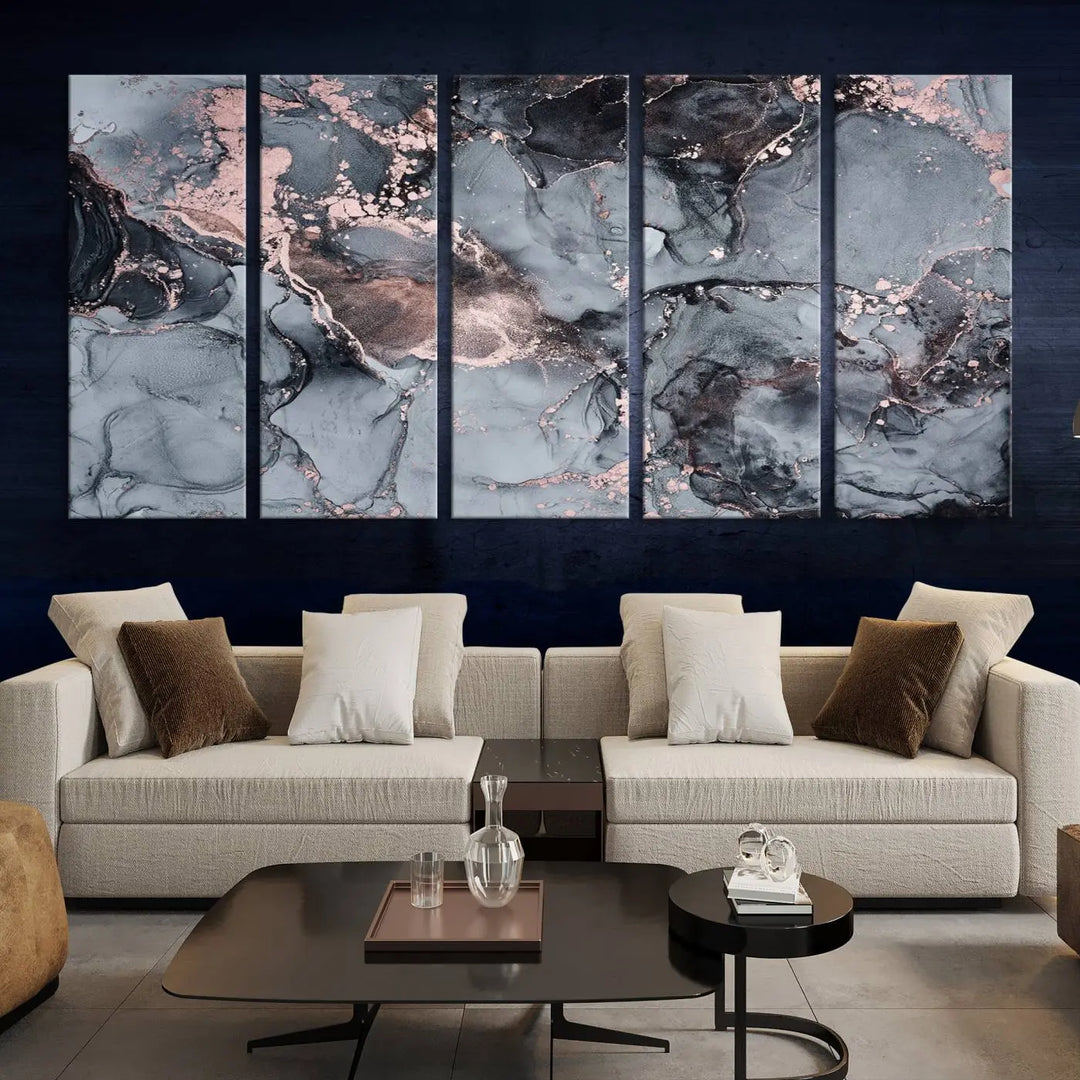 Gray and Rose Gold Marble Fluid Effect Abstract Canvas Wall Art Print crafted on museum-quality polycotton canvas with UV-protective coating, ready to hang.