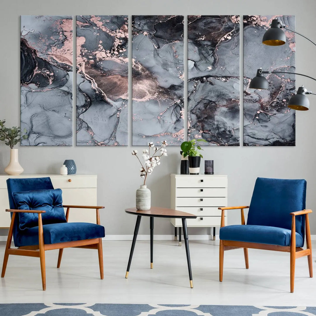 Gray and Rose Gold Marble Fluid Effect Abstract Canvas Wall Art Print crafted on museum-quality polycotton canvas with UV-protective coating, ready to hang.