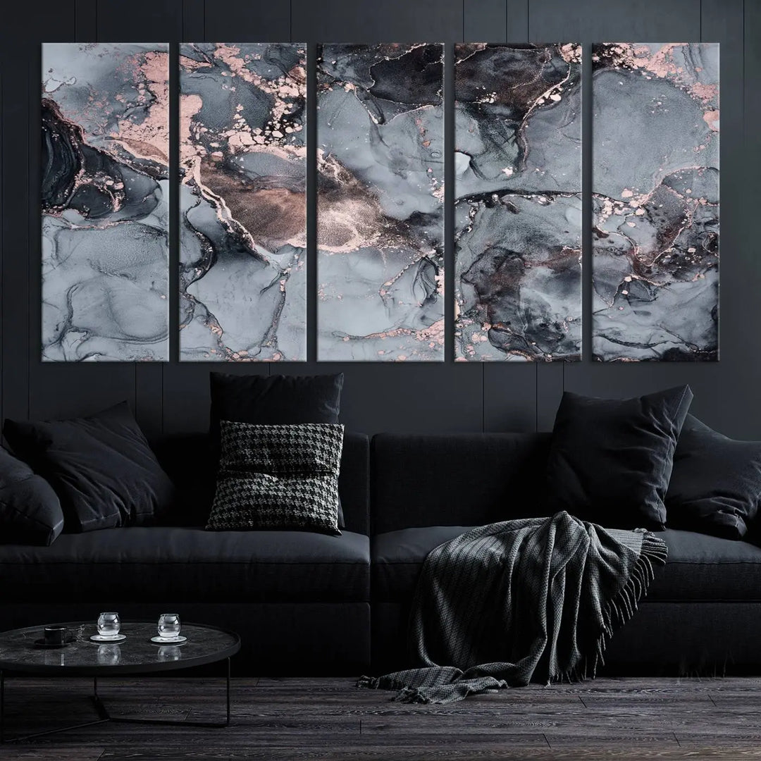 Gray and Rose Gold Marble Fluid Effect Abstract Canvas Wall Art Print crafted on museum-quality polycotton canvas with UV-protective coating, ready to hang.