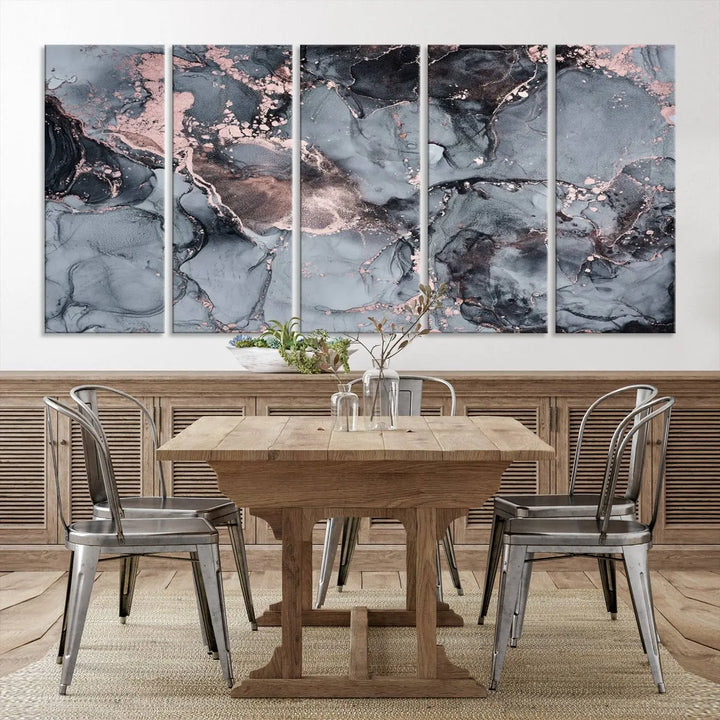 Gray and Rose Gold Marble Fluid Effect Abstract Canvas Wall Art Print crafted on museum-quality polycotton canvas with UV-protective coating, ready to hang.