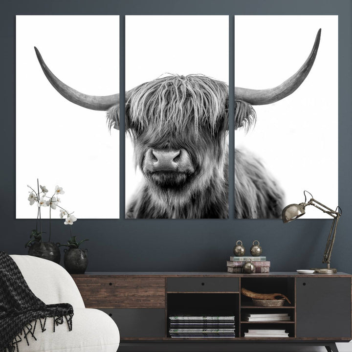 Grayscale Scottish Highland Cow Cattle Art Print Farmhouse Wall Art Canvas Print