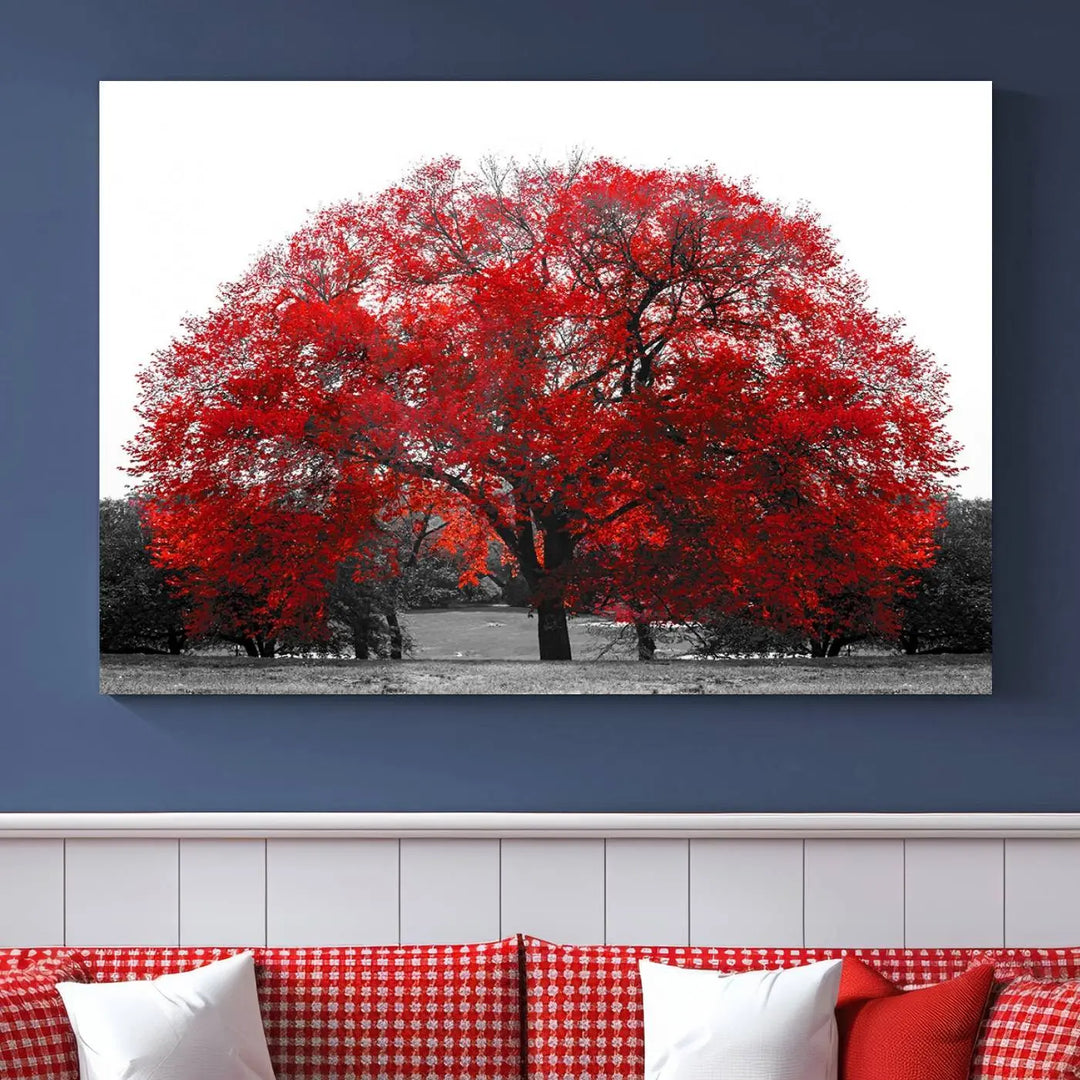 The Great Big Red Tree Wall Art Canvas Print is a striking three-panel piece on museum-quality canvas.