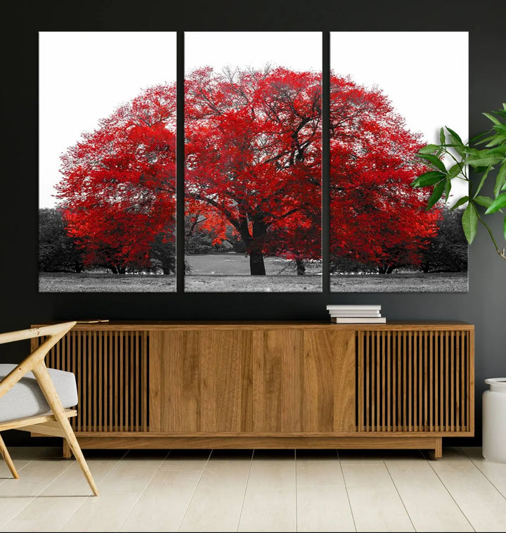 The Great Big Red Tree Wall Art Canvas Print is a striking three-panel piece on museum-quality canvas.