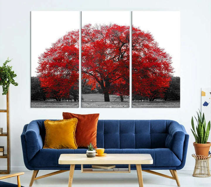 The Great Big Red Tree Wall Art Canvas Print is a striking three-panel piece on museum-quality canvas.