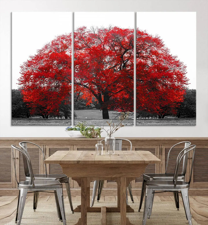 The Great Big Red Tree Wall Art Canvas Print is a striking three-panel piece on museum-quality canvas.