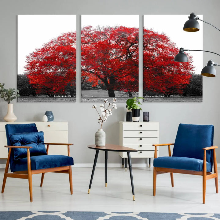 The Great Big Red Tree Wall Art Canvas Print is a striking three-panel piece on museum-quality canvas.