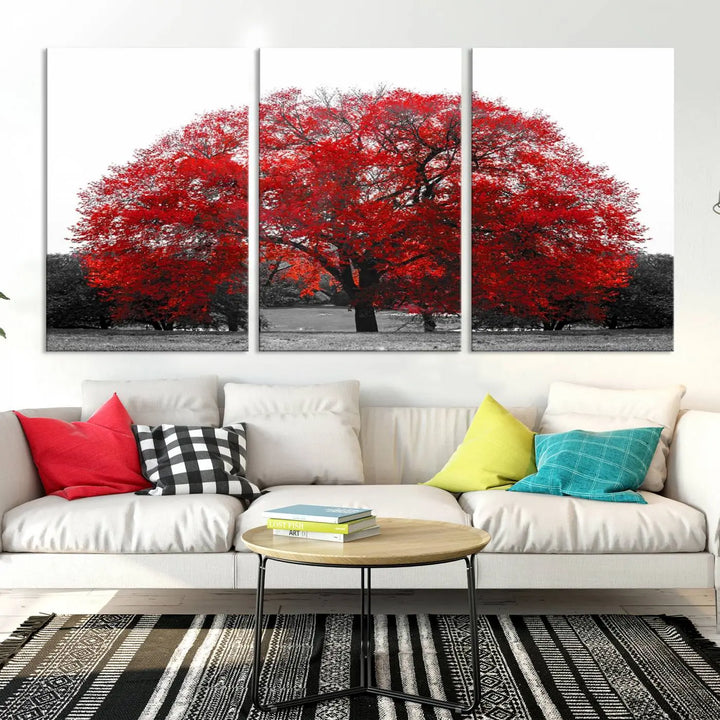 The Great Big Red Tree Wall Art Canvas Print is a striking three-panel piece on museum-quality canvas.