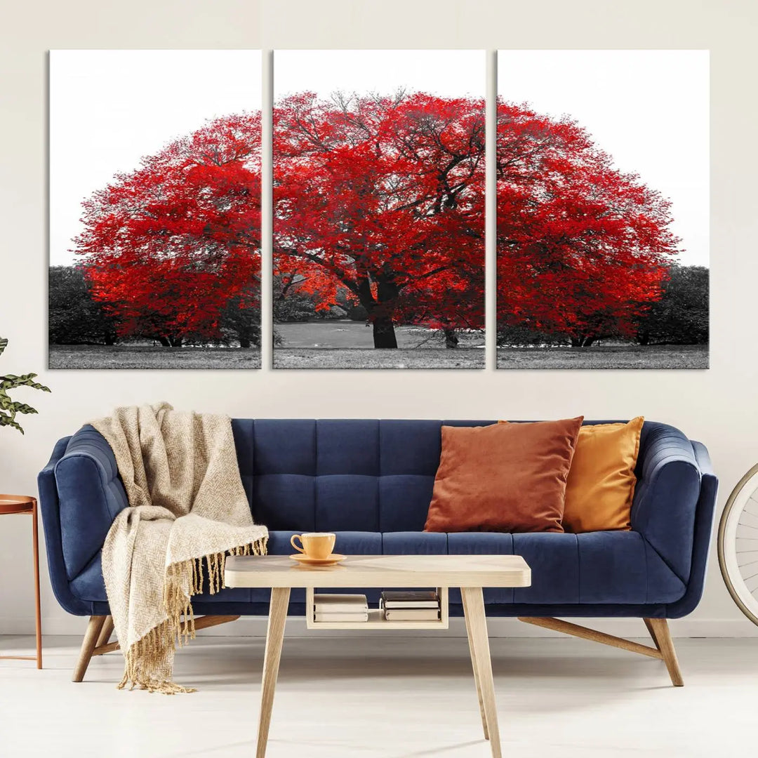 The Great Big Red Tree Wall Art Canvas Print is a striking three-panel piece on museum-quality canvas.