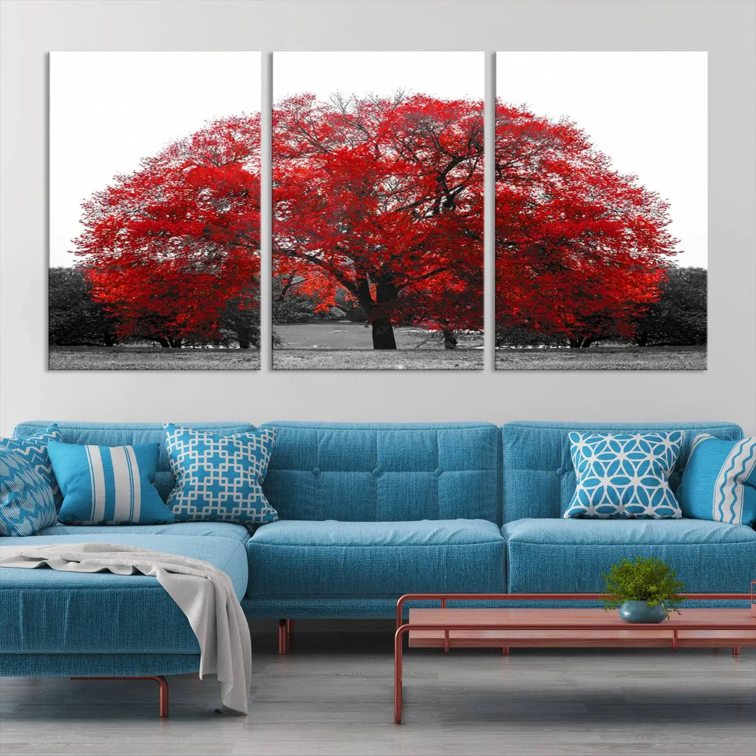 The Great Big Red Tree Wall Art Canvas Print is a striking three-panel piece on museum-quality canvas.