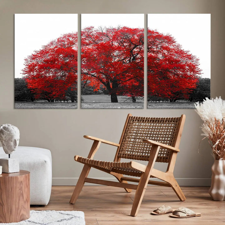 The Great Big Red Tree Wall Art Canvas Print is a striking three-panel piece on museum-quality canvas.