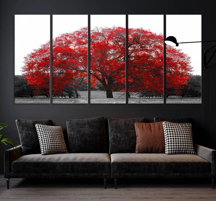 The Great Big Red Tree Wall Art Canvas Print is a striking three-panel piece on museum-quality canvas.