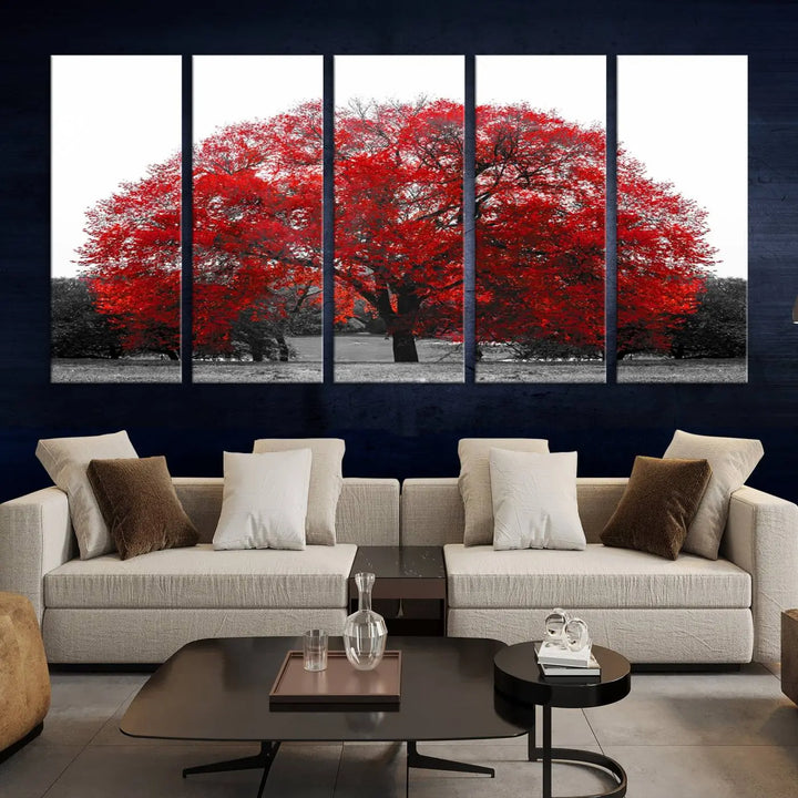 The Great Big Red Tree Wall Art Canvas Print is a striking three-panel piece on museum-quality canvas.