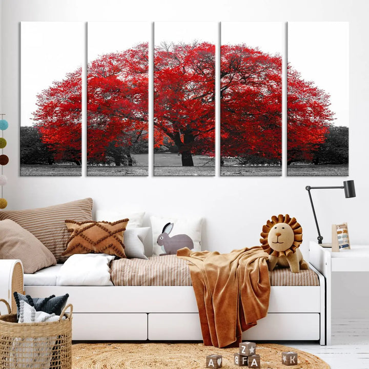 The Great Big Red Tree Wall Art Canvas Print is a striking three-panel piece on museum-quality canvas.