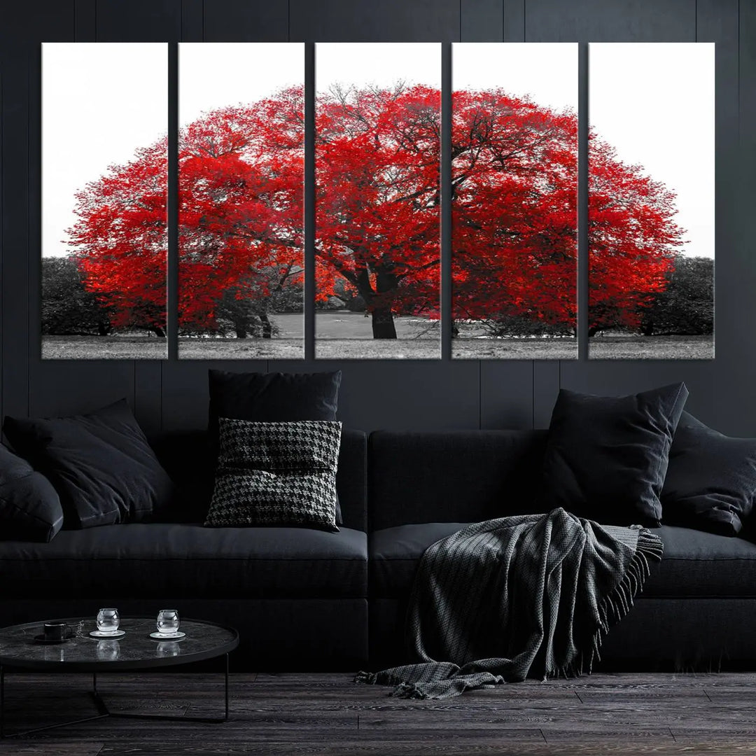 The Great Big Red Tree Wall Art Canvas Print is a striking three-panel piece on museum-quality canvas.