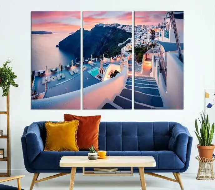 Greece Santorini Wall Art Landscape Canvas Print showcases a coastal village at sunset, featuring white buildings and an ocean view. The gallery-wrapped image is printed on museum-quality canvas for lasting beauty.