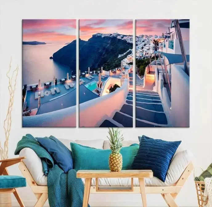 Greece Santorini Wall Art Landscape Canvas Print showcases a coastal village at sunset, featuring white buildings and an ocean view. The gallery-wrapped image is printed on museum-quality canvas for lasting beauty.