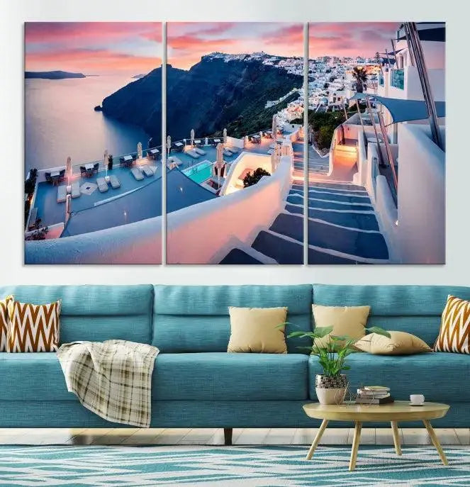 Greece Santorini Wall Art Landscape Canvas Print showcases a coastal village at sunset, featuring white buildings and an ocean view. The gallery-wrapped image is printed on museum-quality canvas for lasting beauty.