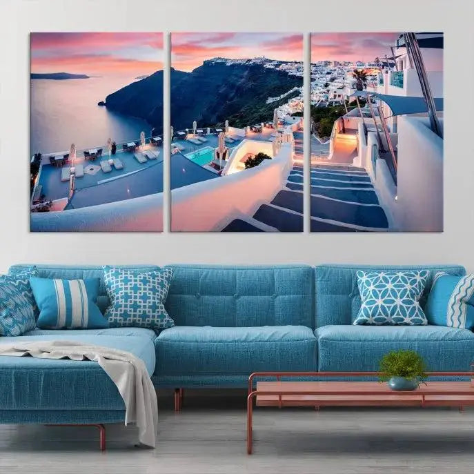 Greece Santorini Wall Art Landscape Canvas Print showcases a coastal village at sunset, featuring white buildings and an ocean view. The gallery-wrapped image is printed on museum-quality canvas for lasting beauty.