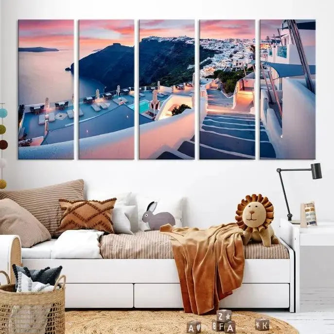 Greece Santorini Wall Art Landscape Canvas Print showcases a coastal village at sunset, featuring white buildings and an ocean view. The gallery-wrapped image is printed on museum-quality canvas for lasting beauty.