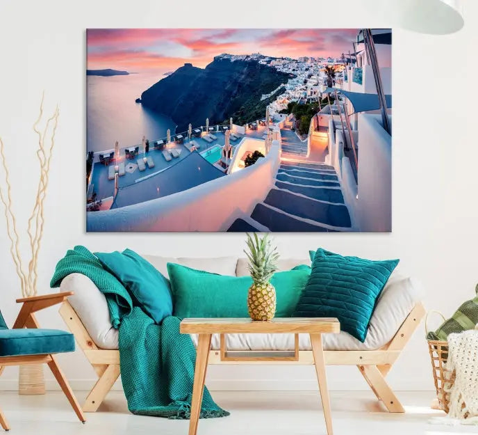 Greece Santorini Wall Art Landscape Canvas Print showcases a coastal village at sunset, featuring white buildings and an ocean view. The gallery-wrapped image is printed on museum-quality canvas for lasting beauty.