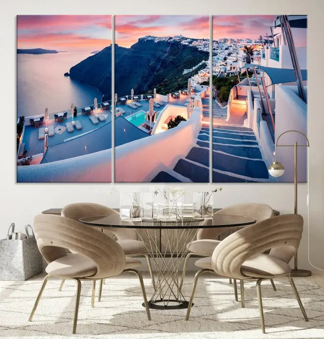 Greece Santorini Wall Art Landscape Canvas Print showcases a coastal village at sunset, featuring white buildings and an ocean view. The gallery-wrapped image is printed on museum-quality canvas for lasting beauty.