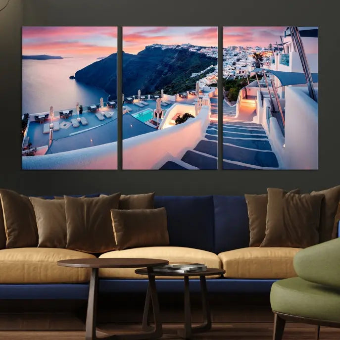 Greece Santorini Wall Art Landscape Canvas Print showcases a coastal village at sunset, featuring white buildings and an ocean view. The gallery-wrapped image is printed on museum-quality canvas for lasting beauty.