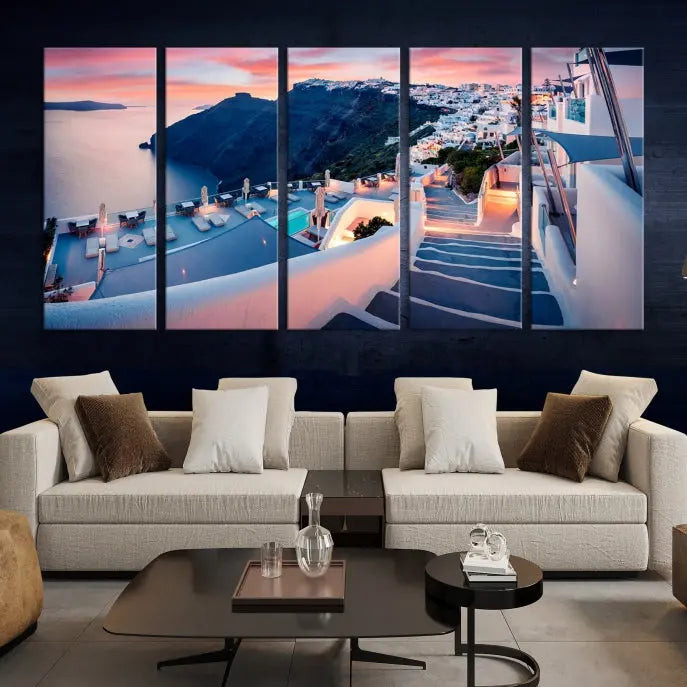 Greece Santorini Wall Art Landscape Canvas Print showcases a coastal village at sunset, featuring white buildings and an ocean view. The gallery-wrapped image is printed on museum-quality canvas for lasting beauty.