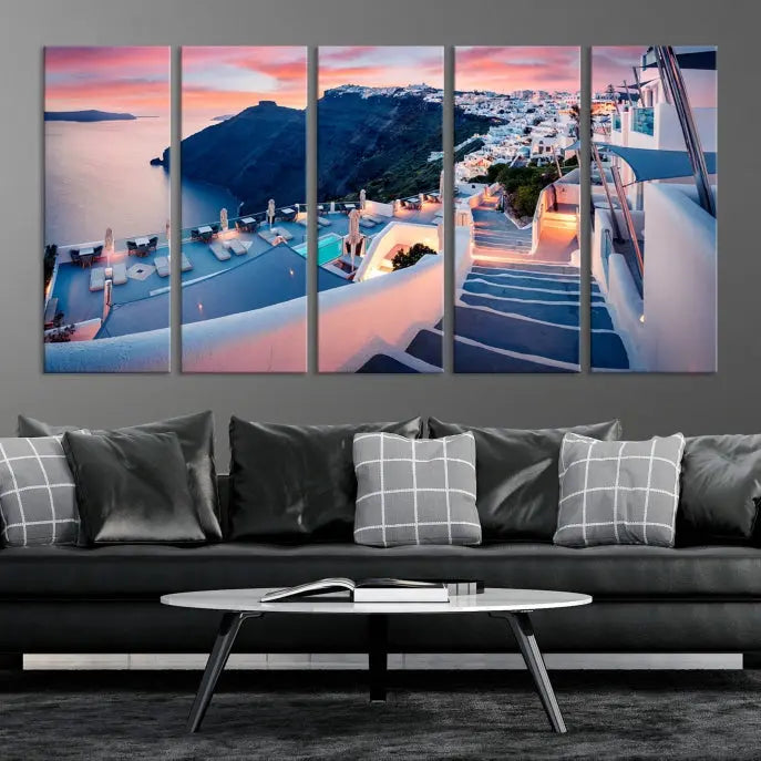 Greece Santorini Wall Art Landscape Canvas Print showcases a coastal village at sunset, featuring white buildings and an ocean view. The gallery-wrapped image is printed on museum-quality canvas for lasting beauty.