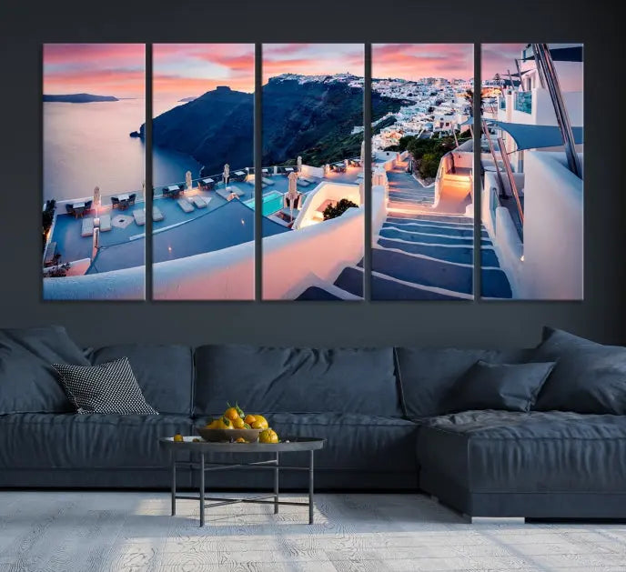 Greece Santorini Wall Art Landscape Canvas Print showcases a coastal village at sunset, featuring white buildings and an ocean view. The gallery-wrapped image is printed on museum-quality canvas for lasting beauty.