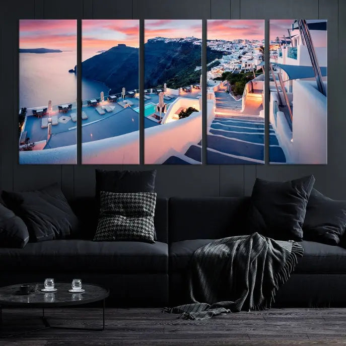 Greece Santorini Wall Art Landscape Canvas Print showcases a coastal village at sunset, featuring white buildings and an ocean view. The gallery-wrapped image is printed on museum-quality canvas for lasting beauty.