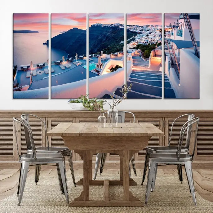 Greece Santorini Wall Art Landscape Canvas Print showcases a coastal village at sunset, featuring white buildings and an ocean view. The gallery-wrapped image is printed on museum-quality canvas for lasting beauty.