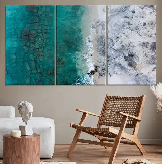 The Green Aerial Ocean Wall Art Canvas Print showcases a triptych of an aerial ocean view. Crafted on museum-quality canvas with gallery-wrapped edges and a UV-protective coating, it enhances both elegance and durability in your space.