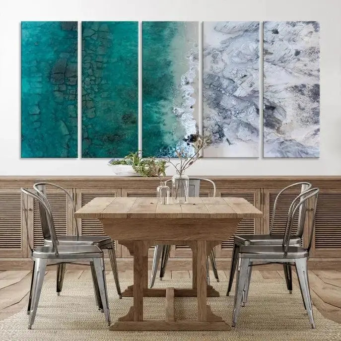 The Green Aerial Ocean Wall Art Canvas Print showcases a triptych of an aerial ocean view. Crafted on museum-quality canvas with gallery-wrapped edges and a UV-protective coating, it enhances both elegance and durability in your space.