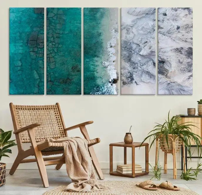 The Green Aerial Ocean Wall Art Canvas Print showcases a triptych of an aerial ocean view. Crafted on museum-quality canvas with gallery-wrapped edges and a UV-protective coating, it enhances both elegance and durability in your space.