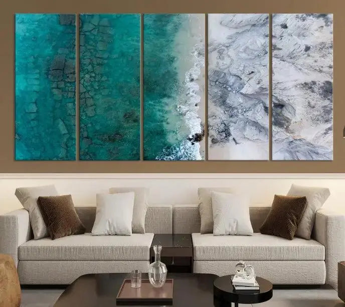 The Green Aerial Ocean Wall Art Canvas Print showcases a triptych of an aerial ocean view. Crafted on museum-quality canvas with gallery-wrapped edges and a UV-protective coating, it enhances both elegance and durability in your space.