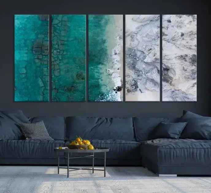 The Green Aerial Ocean Wall Art Canvas Print showcases a triptych of an aerial ocean view. Crafted on museum-quality canvas with gallery-wrapped edges and a UV-protective coating, it enhances both elegance and durability in your space.