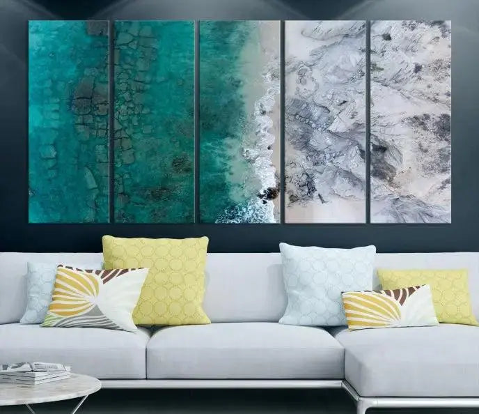 The Green Aerial Ocean Wall Art Canvas Print showcases a triptych of an aerial ocean view. Crafted on museum-quality canvas with gallery-wrapped edges and a UV-protective coating, it enhances both elegance and durability in your space.