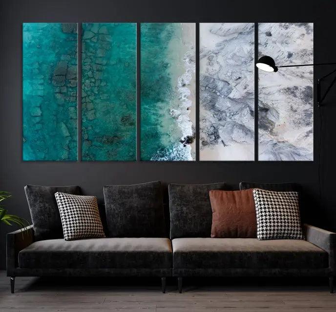 The Green Aerial Ocean Wall Art Canvas Print showcases a triptych of an aerial ocean view. Crafted on museum-quality canvas with gallery-wrapped edges and a UV-protective coating, it enhances both elegance and durability in your space.