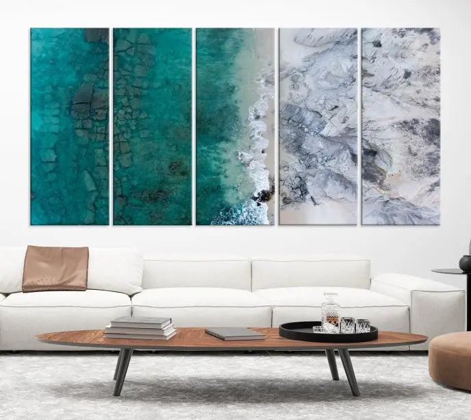 The Green Aerial Ocean Wall Art Canvas Print showcases a triptych of an aerial ocean view. Crafted on museum-quality canvas with gallery-wrapped edges and a UV-protective coating, it enhances both elegance and durability in your space.