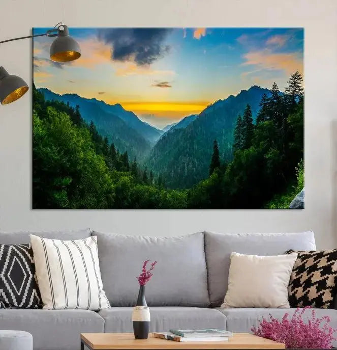 A Green Forest Wall Art Canvas Print is displayed on the wall, showcased as a gallery-wrapped masterpiece.