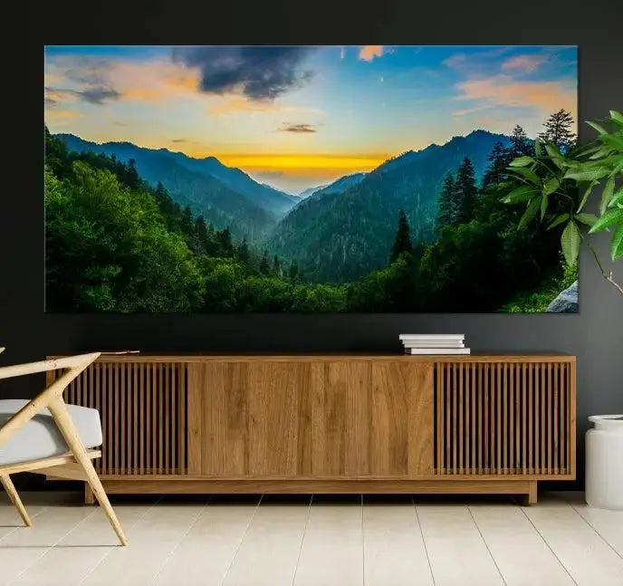 A Green Forest Wall Art Canvas Print is displayed on the wall, showcased as a gallery-wrapped masterpiece.